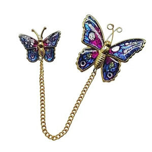 Glitter Enamel Sparkle Butterfly Pair Chain Brooch Pin Gold Tone Vintage
